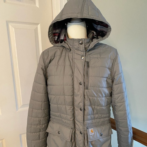 Carhartt Jackets & Blazers - Carhartt Women’s Small 4/6 Amoret Puffer Style Gray Hooded Long Coat Good Cond